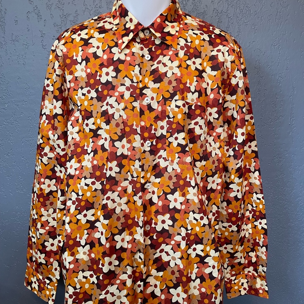 Men’s casual vintage long sleeve shirt, beautiful display of multicolor flowers